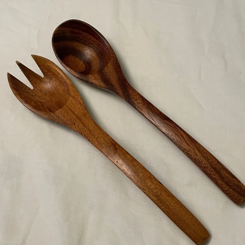 Set of 2 Genuine MONKEY POD Hand Crafted Wood Salad Spoon & Fork Serving Set